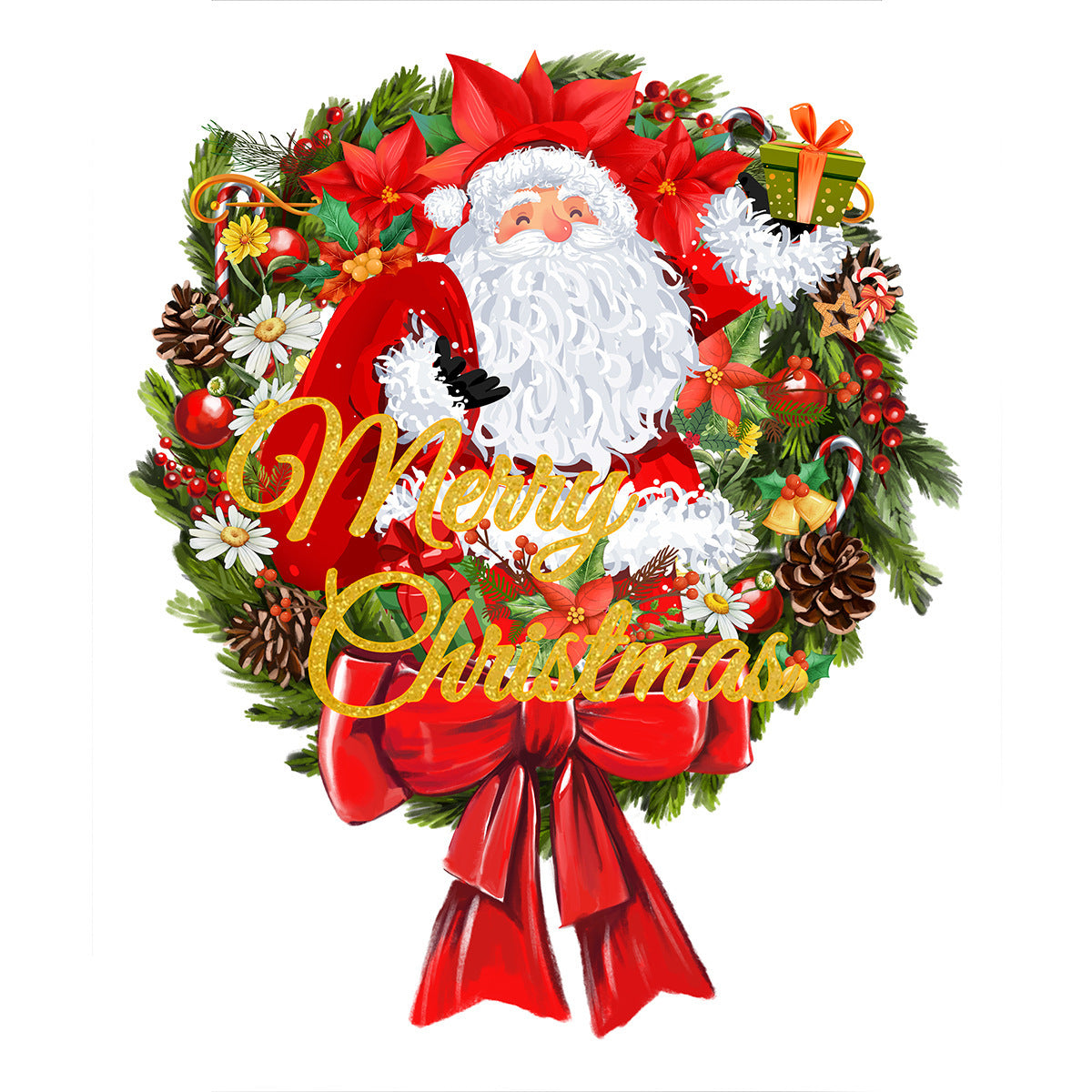 Christmas Wreath Cute Santa Claus English Glass Sticker