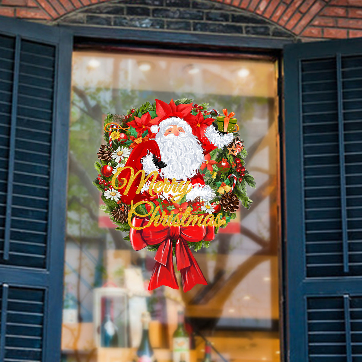 Christmas Wreath Cute Santa Claus English Glass Sticker