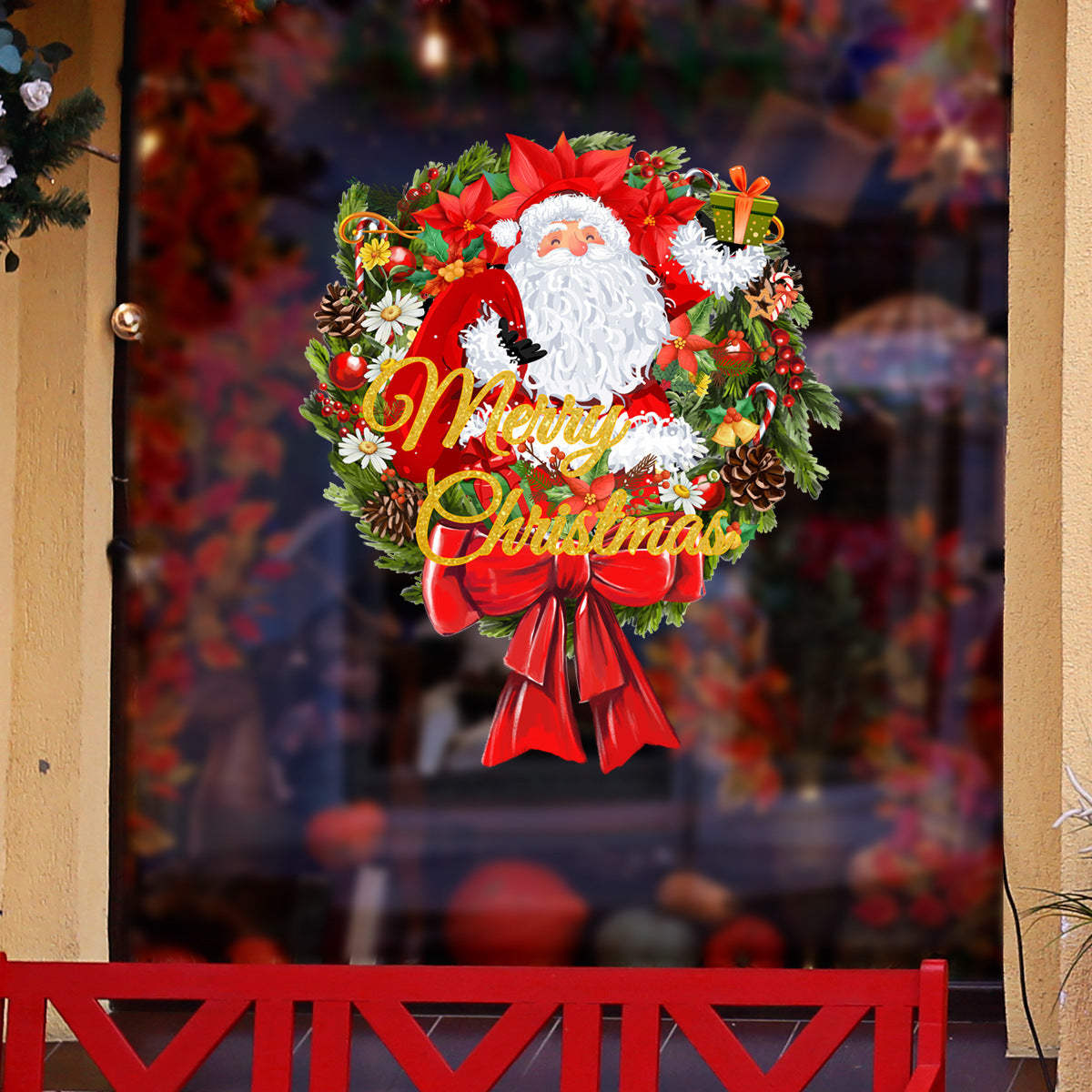 Christmas Wreath Cute Santa Claus English Glass Sticker